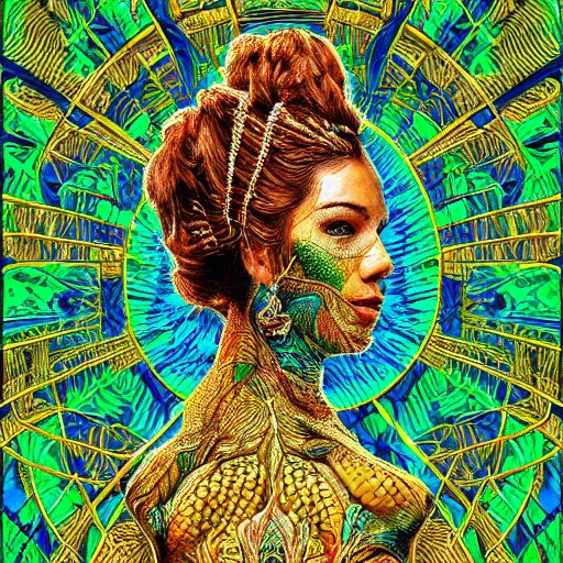 a majestic portrait of a woman with a vascular structure as the amazon aws logo, digital painting, high detail, 8 k, intricate ornamental details, vibrant iridescent colors, green magenta and gold 