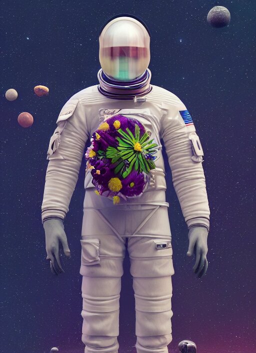 a man in a space suit with a flower in his hand, a computer rendering by Mike Winkelmann, trending on cgsociety, retrofuturism, uhd image, rendered in cinema4d, hard surface modeling,