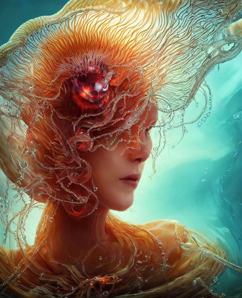 close-up portrait of the face of a beautiful princess in a twisted glass mask floating on the edge of the water, epic angle and pose, symmetrical artwork, 3d with depth of field, blurred background, cybernetic jellyfish female face skull phoenix bird, translucent, nautilus, energy flows of water and fire. a highly detailed epic cinematic concept art CG render. made in Maya, Blender and Photoshop, octane render, excellent composition, cinematic dystopian brutalist atmosphere, dynamic dramatic cinematic lighting, aesthetic, very inspirational, arthouse. y Greg Rutkowski, Ilya Kuvshinov, WLOP, Stanley Artgerm Lau, Ruan Jia and Fenghua Zhong