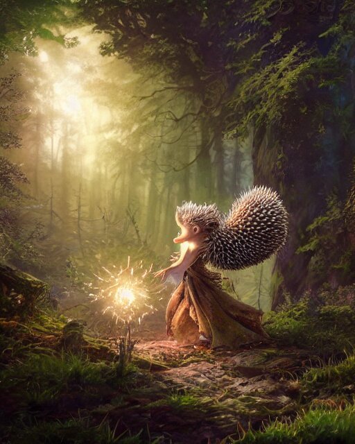 Hedgehog magus, gaia, nature, fairy, forest background, magic the gathering artwork, D&D, fantasy, cinematic lighting, centered, symmetrical, highly detailed, digital painting, artstation, concept art, smooth, sharp focus, illustration, volumetric lighting, epic Composition, 8k, art by Akihiko Yoshida and Greg Rutkowski and Craig Mullins, oil painting, cgsociety