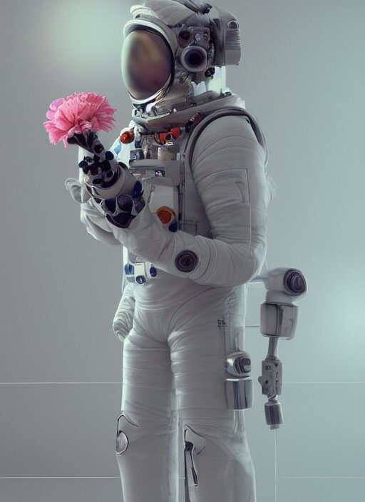 a man in a space suit with a flower in his hand, a computer rendering by Mike Winkelmann, trending on cgsociety, retrofuturism, uhd image, rendered in cinema4d, hard surface modeling,