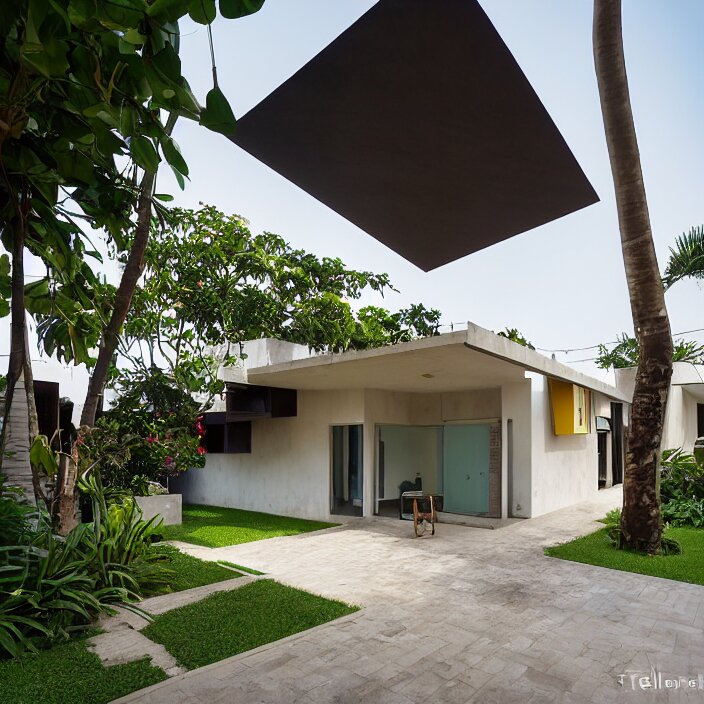 wide angle exterior shot of an modernist town house on a quiet street in lagos, tropical african architecture with sun shading and pergolas, contemporary architecture, cosmopolitan design, architectural magazine feature, architectural photography, canon eos r 3, telephoto lens, sigma 5 0 0 mm f / 5, iso 2 0 0, 1 / 1 6 0 s, 8 k, raw, unedited, in - frame 