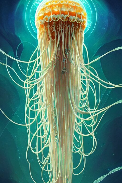 Lexica Beautiful spaghetti jellyfish warrior, ethereal art deco