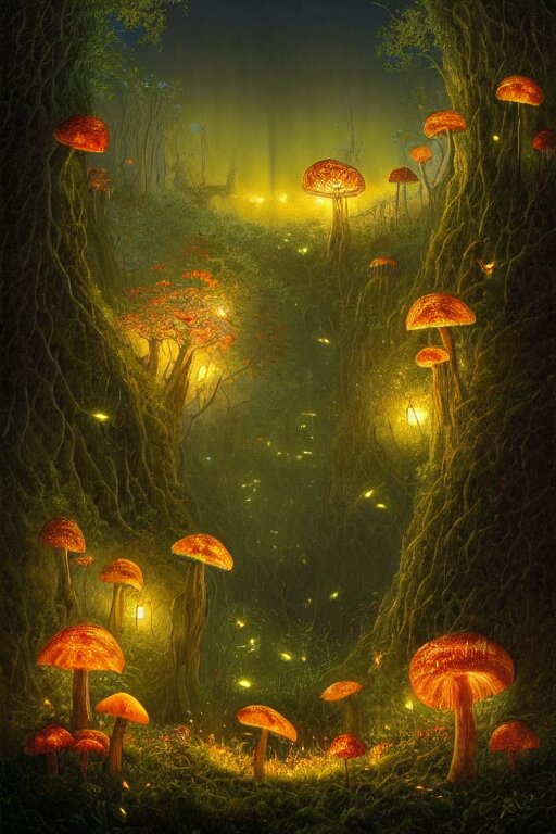 a beautiful digital landscape painting of a detailed gothic fantasy fireflies and roots, dark mushroom, flowers by benoit b. mandelbrot, steven belledin, martin johnson heade, lee madgwick, caspar david friedrich, and david rios ferreira. 8 k resolution trending on artstation concept art digital illustration 