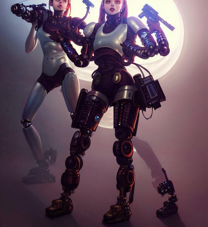 full body painting of chuu loona cyberpunk mercenary smiling and fighting a robot, ultra realistic, concept art, intricate details, eerie, highly detailed, photorealistic, octane render, 8 k, unreal engine. art by artgerm and greg rutkowski and magali villeneuve and alphonse mucha 