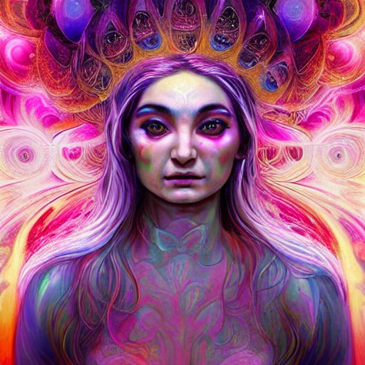 a psychedelic chakra awakening kundalini ethereal portrait of kim petras with her eyes closed transcending to a higher plane of existence, eternal blessing, multiverse, by android jones, by ben ridgeway, by ross draws, by noah bradley, by maciej kuciara, visionary art, oil painting, artgerm, featured on artstation, cgsociety, greg rutkowski 