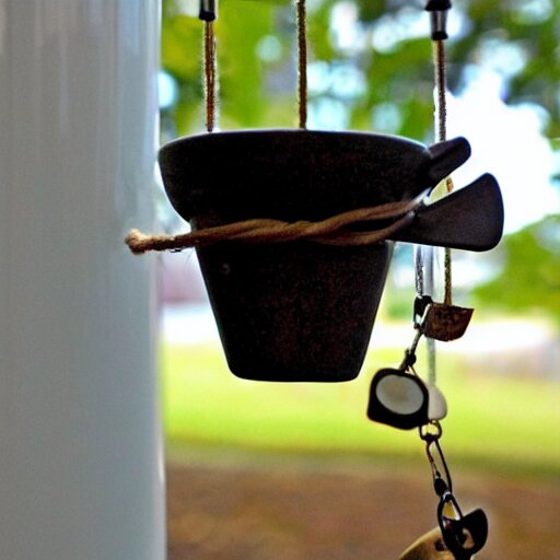 This is a sketch of a wind chime made from the pieces of a broken mug. It shows the mug handle as the top piece with strings attached to it, and the bottom pieces of the mug hanging down like little bells, iso 300, f-stop 1.5, Pentax