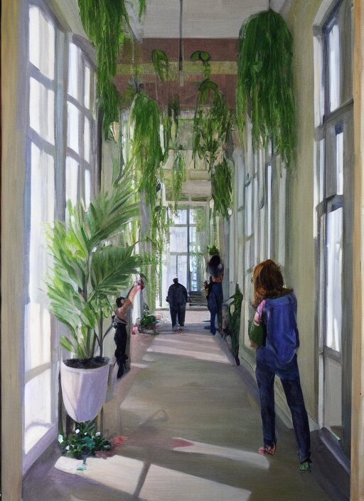 an empty hallway, full of house plants and people, oil on canvas 