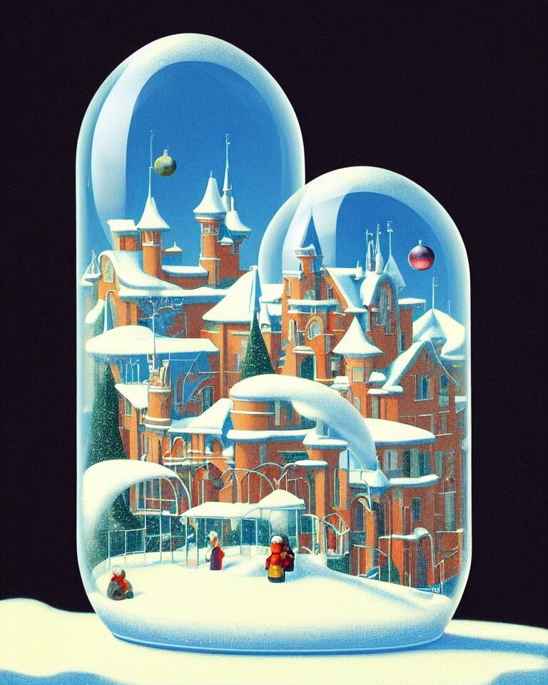 an achingly beautiful print of one modernist, cylindrical snow globe with disneyland inside by raphael, hopper, and rene magritte. detailed, proportional, romantic, vibrant, enchanting, trending on artstation 