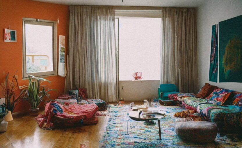 a very 60's hippy style apartment, 35mm,Epic,cinematic