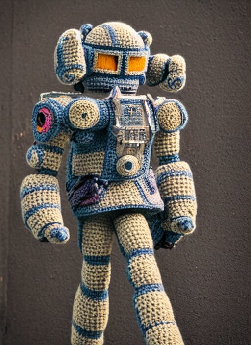 a crochet mecha, realistic, intricate, many details, no cropping, full body, Sigma 50 mm f/1.4