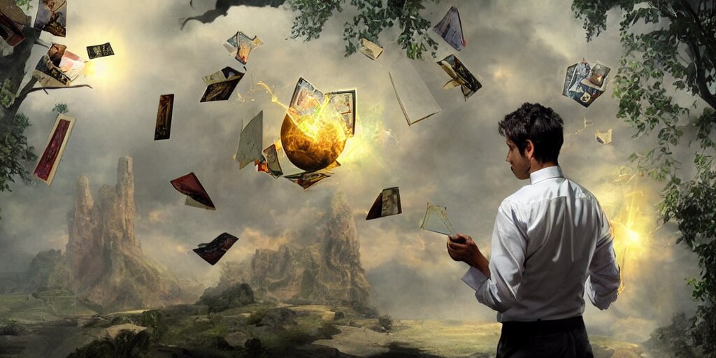 male accountant examining the mysteries of tarot magic, cards flying everywhere, magic everywhere, matte painting, high quality 