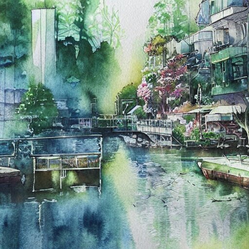 Beautiful happy picturesque charming sci-fi town in harmony with nature. Beautiful light. Water and plants. Nice colour scheme, soft warm colour. Beautiful detailed artistic watercolor by Vincent. (2022)