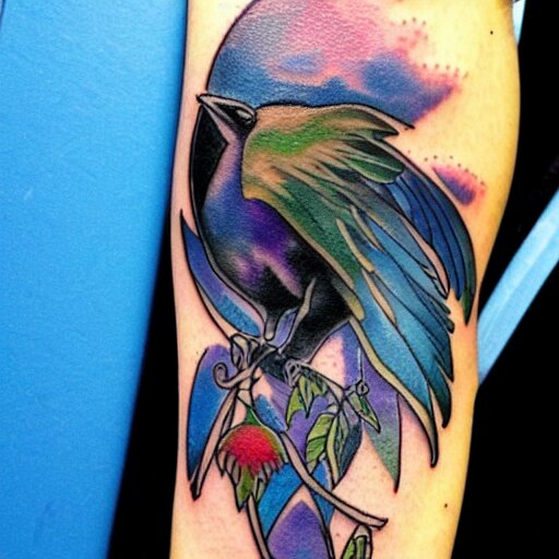 raven, jioness, forest, blue flame, moon, tattoo art by Bryan Alfaro, award winning tattoo concept, highly detailed,