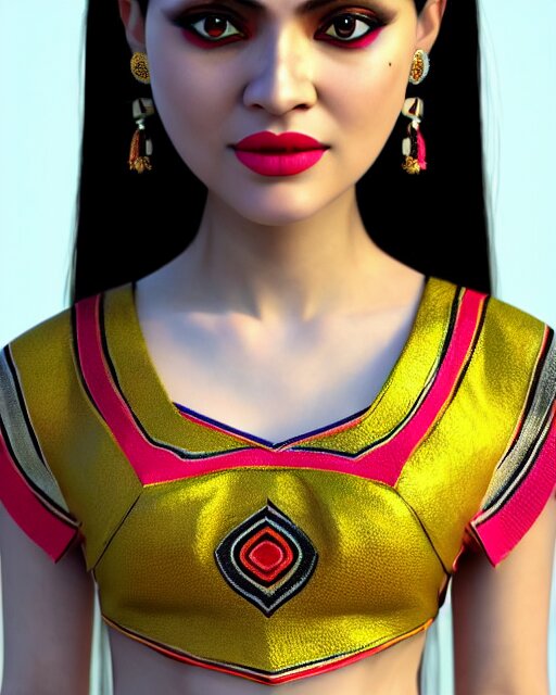 a beautiful cute girl wearing modern stylish costume in the style of Assamese bihu mekhela sador gamosa design, commercial fashion design art by Victor Nizovtsev, face by artgerm and daz3d genesis iray, cinematic lightning, medium shot, mid-shot, slim female figure ramp walk model pose, highly detailed, trending on Artstation, Unreal Engine 4k, cinema 4d ray traced 8k fabric texture details, octane render