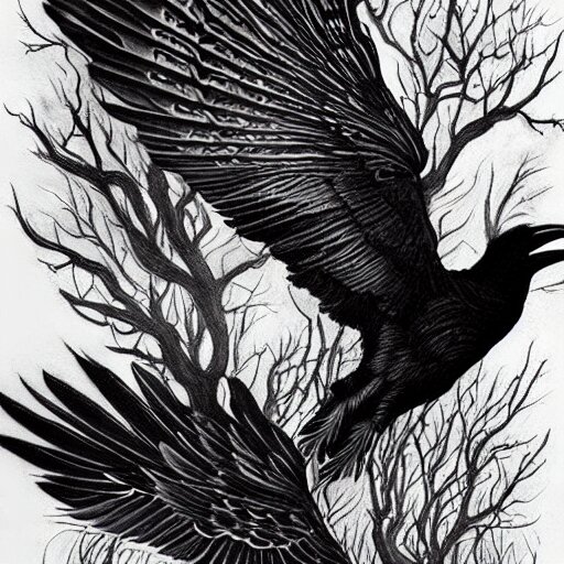 surreal image depicting a raven combined with a deer and an owl but is also actually a window into the ocean. Fine line tattoo art. dark fantasy, intricate detail.