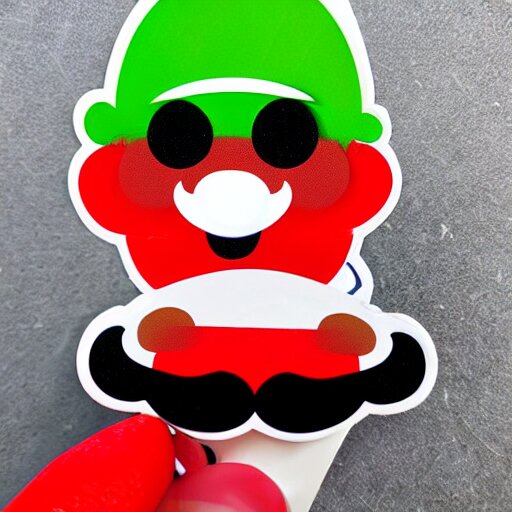 die cut sticker, yoshi wearing mario's mustache, splatter paint 