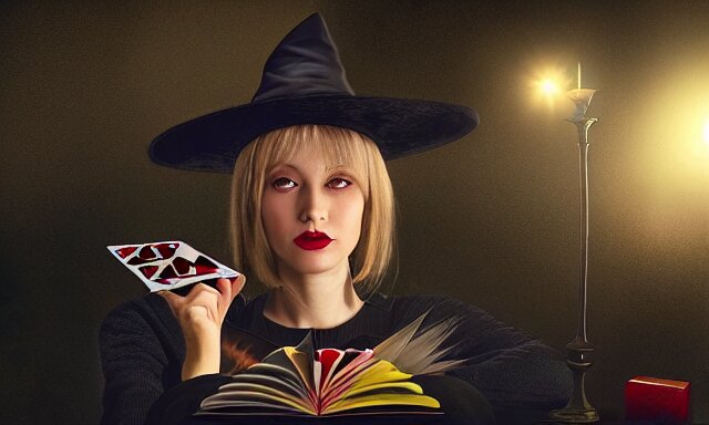 witch doing a card trick, cardistry, cards, fantasy, digital art, soft lighting, wide shot, 8 k 