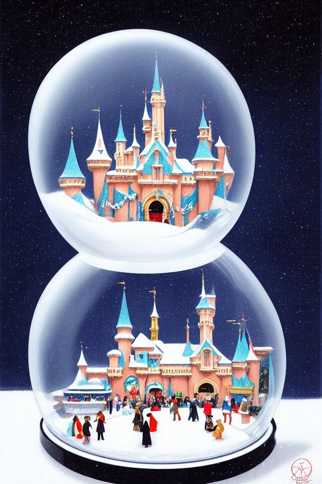 an achingly beautiful print of one modernist, cylindrical snow globe with disneyland inside by raphael, hopper, and rene magritte. detailed, proportional, romantic, vibrant, enchanting, trending on artstation 