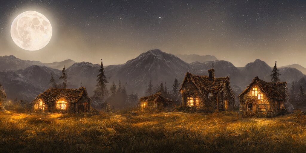 Skeleton infested fields with large mountains in the distance, small cottage in the foreground, nighttime, moon in the night sky, landscape wallpaper, d&d art, fantasy, painted, 4k, high detail, sharp focus