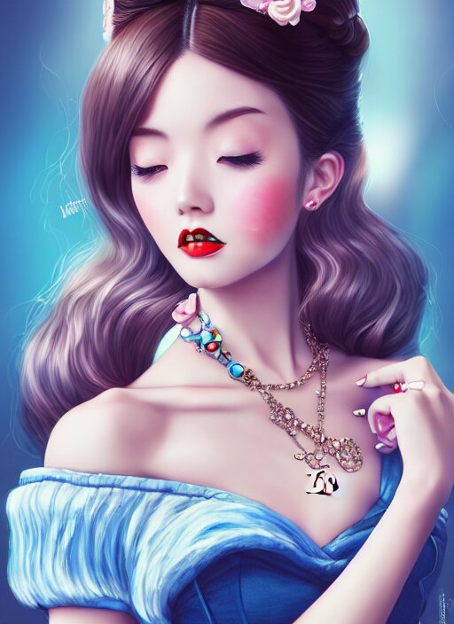 a pin up and beautiful fashion dreamlke japan girl with lv jewelry, character art, art by artgerm, wlop, loish, hyperdetailed, 8 k realistic, symmetrical, global illumination, radiant light, frostbite 3 engine, cryengine, dof, trending on artstation, digital art, chanel, dior, detailed background 