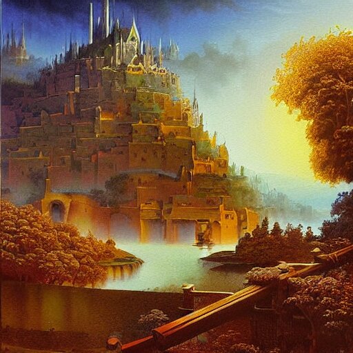 a beautiful painting renaissance painting by bob ross and lawlery botticello, panorama, psychedelic painting dark dusty village apparition, by bruce pennington and vincent jusko, watercolor, 2 d game art 