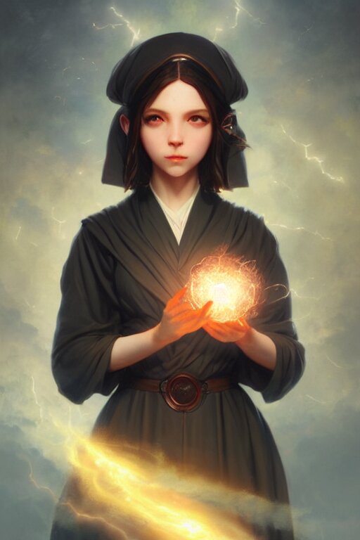 a cute wizard girl conjuring a lightening ball, character art portrait, anime key visual, official media, illustrated by tom bagshaw, wlop, william bouguereau, extremely detailed, 8 k, trending on artstation, cinematic lighting, beautiful 