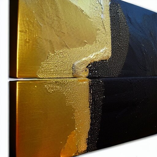 a pour painting on canvas, gold black silver colors, abstract, thick paint, glossy, resin coated 