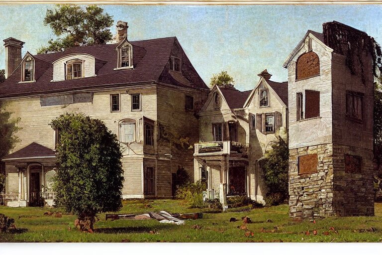 a small house and a mansion. they are divided by a wall of money by rockwell 