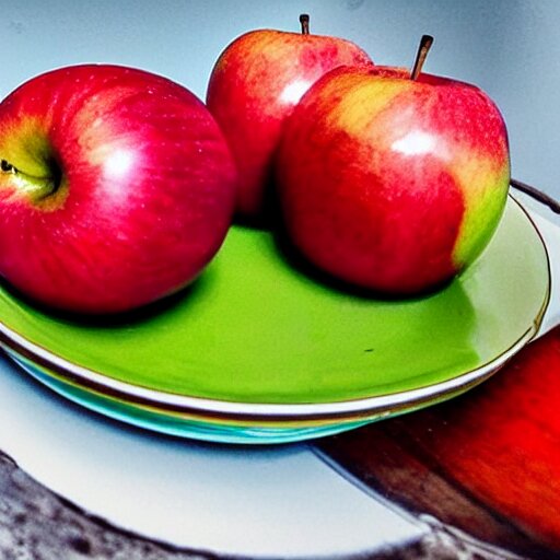 a wide angle side view realistic photo of only 3 apples on a colorful plate, award winning 