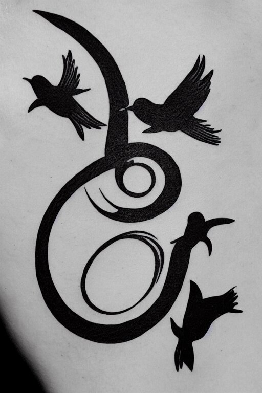 a simple tattoo design of birds flying in a 3 spiral, black ink, logo 