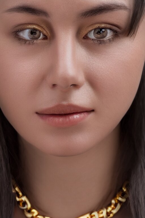 2 4 year old professional female wearing white v - neck top, 1 8 k gold necklace pendant, portrait, neck zoomed in, photo realistic, extreme detail skin, no editing, slr, golden hour, 4 k, high definition, selfie 