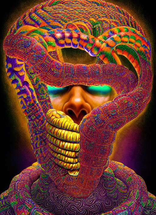 hyper detailed ultra sharp 3 d render like a oil painting aztec serpent warrior trance man seen eating of the strangling network of yellowcake aerochrome and milky fruit and his delicate hands hold of gossamer polyp blossoms bring iridescent fungal flowers whose spores black the foolish stars by jacek yerka. trending on artstation, warpaint aesthetic, earthwave, colorful, neon, ornate, intricate, digital painting, concept art, smooth, sharp focus, illustration, art by artgerm and greg rutkowski and h. r. giger, 8 k 