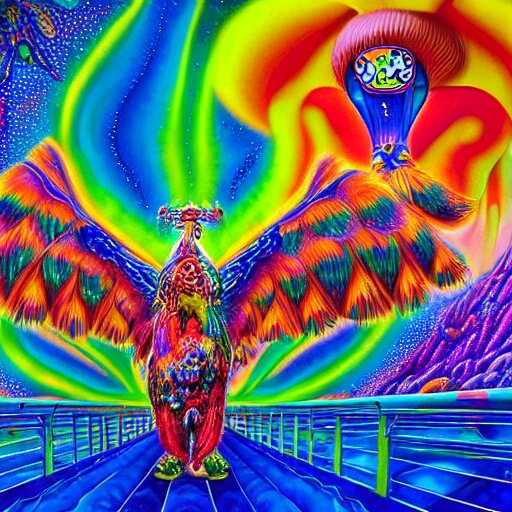 bear riding on a giant peacock through the realms of dmt mario cart race track, painted by lisa frank, alex grey and tim hildebrandt, hyper realism, highly detailed, lsd, psilocybin, sharp focus, sharp contrast, 8 k 