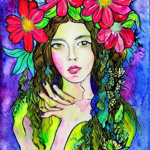 a painting of a woman with flowers in her hair, a watercolor painting by alice mason, deviantart, psychedelic art, deviantart, detailed painting, watercolor 