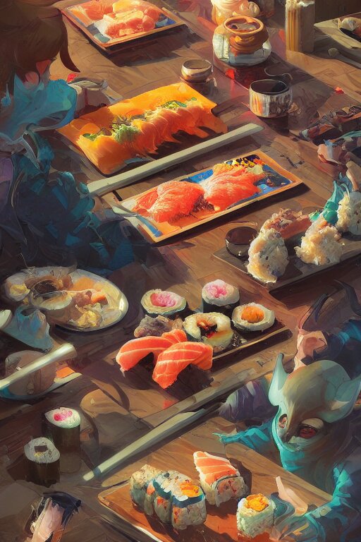 sushi, tooth wu, dan mumford, beeple, wlop, rossdraws, james jean, marc simonetti, artstation giuseppe dangelico pino and michael garmash and rob rey and greg manchess and huang guangjian and makoto shinkai 