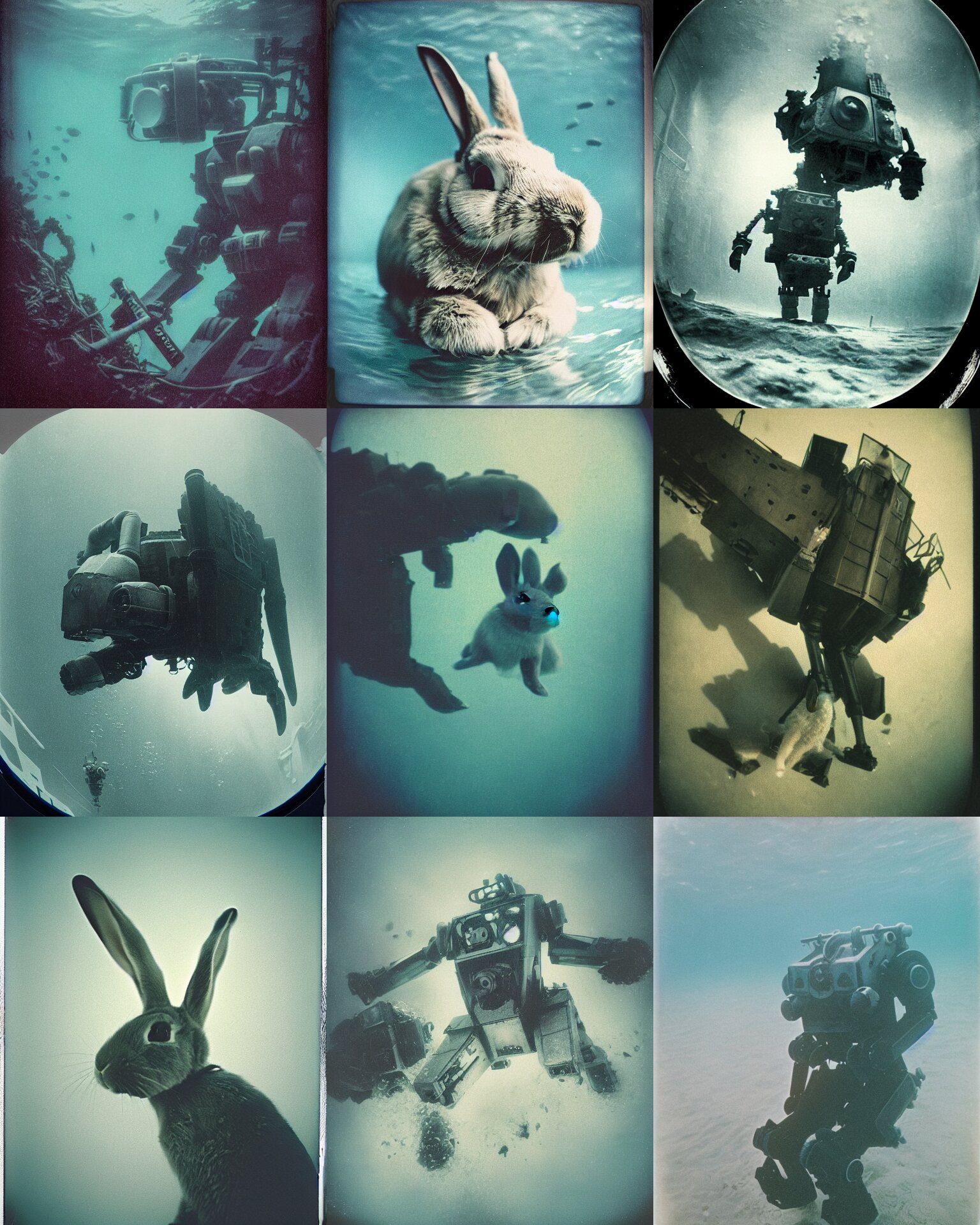 deep underwater giant oversized battle rabbit robot mech as giant rabbit baby. titanic wreck underwater!. Cinematic focus,  sharp Polaroid photo, vintage, neutral colors, soft lights,  by Serov Valentin, by lisa yuskavage, by Andrei Tarkovsky