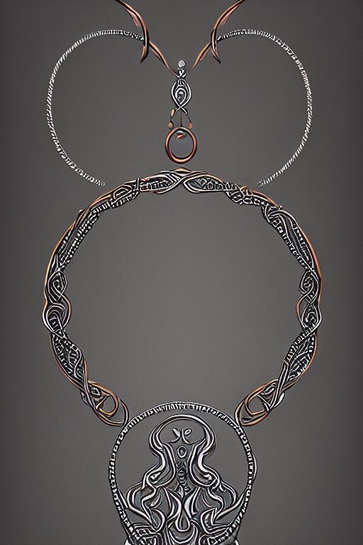 Necklace made of silver,nordic, kalevala,  Copper lining ,intricate, elegant, highly detailed, digital painting,  artstation, concept art, addiction, chains, smooth, sharp focus, illustration, art by Ilja Repin 