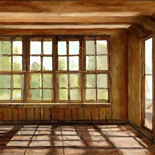 oil painting of mostly empty cottage interior, one small window with sunlight shining onto the floor. artistic. cozy. wooden floor. rustic. solace. 