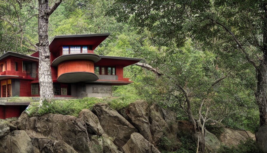 small modern house, tibetan inspired architecture, on a green hill between trees and big boulders, frank lloyd wright, photorealistic, cyberpunk 