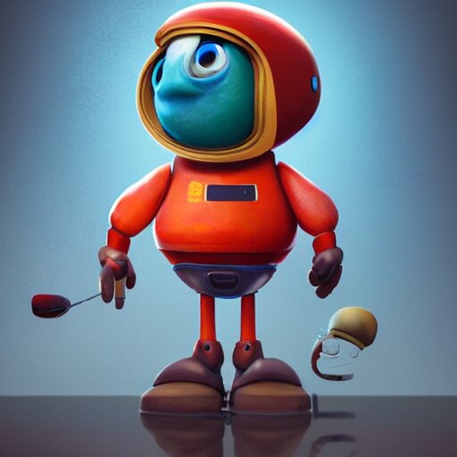 full body portrait of a round robot wearing beret, painting a canvas, big head, high detail, beautiful light, depth of field, sharp focus, clean design, 4 k, pixar, colorful, octane render 