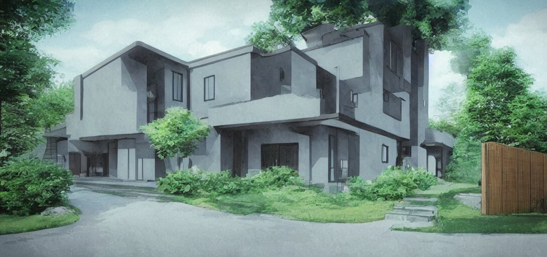 Ghibli style modern house architecture