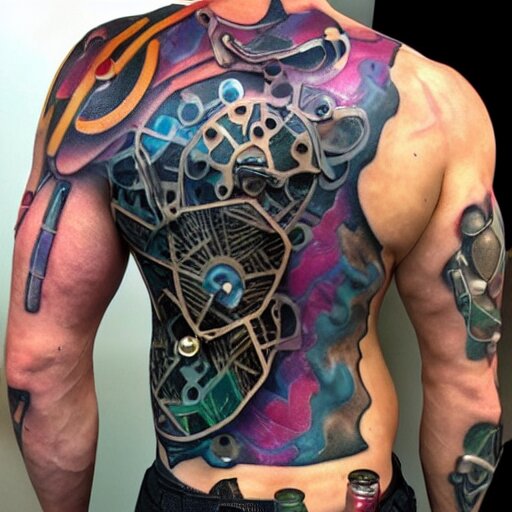 bodybuilder with a full body tattoo of a 3 d hole in the skin with a shiny multicolored metallic gears and tubes robotic mechanics inside under the skin, insanely integrate, 