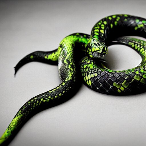 dark tattoo, snake wrapping its body around skull, toxic acid green dark colors