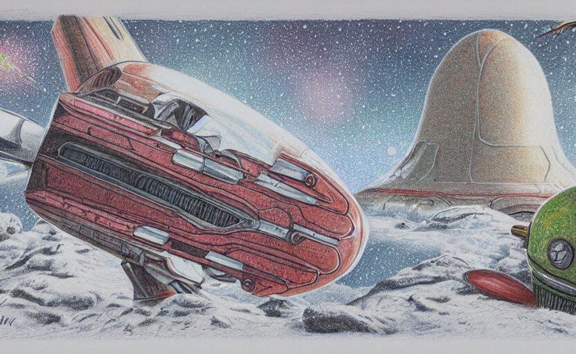 intricately detailed color pencil drawing, retro spaceship crash landed on an alien winter landscape 