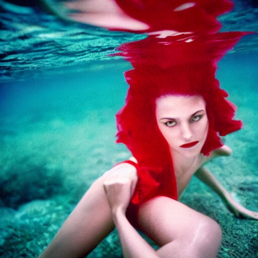 beautiful portrait of fashion model in red silk underwater, 35mm film