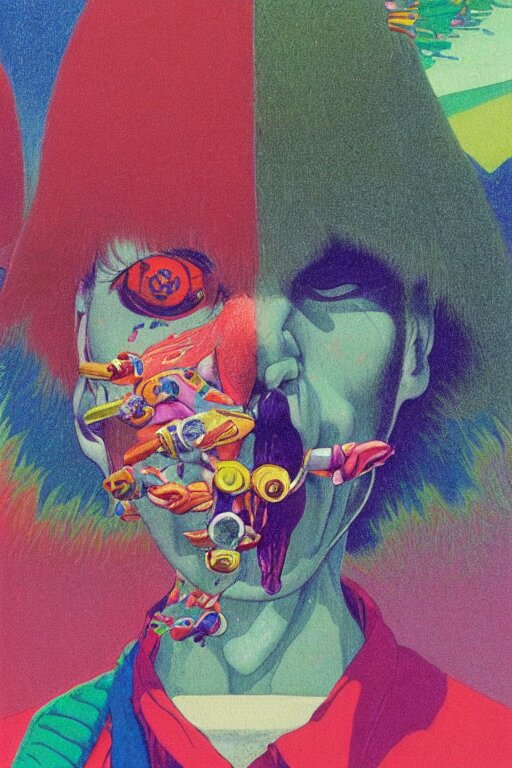 a colorful vibrant closeup portrait of Aerosmith licking a tab of LSD acid on his tongue and dreaming psychedelic hallucinations, by kawase hasui, moebius, Edward Hopper and James Gilleard, Zdzislaw Beksinski, Steven Outram colorful flat surreal design, hd, 8k, artstation