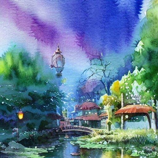 Beautiful happy picturesque charming sci-fi town in harmony with nature. Beautiful light. Water and plants. Nice colour scheme, soft warm colour. Beautiful detailed watercolor by Lurid. (2022)