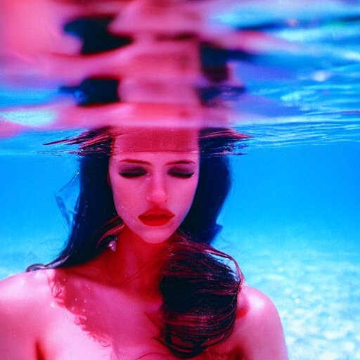 beautiful portrait of fashion model in red silk underwater, 35mm film