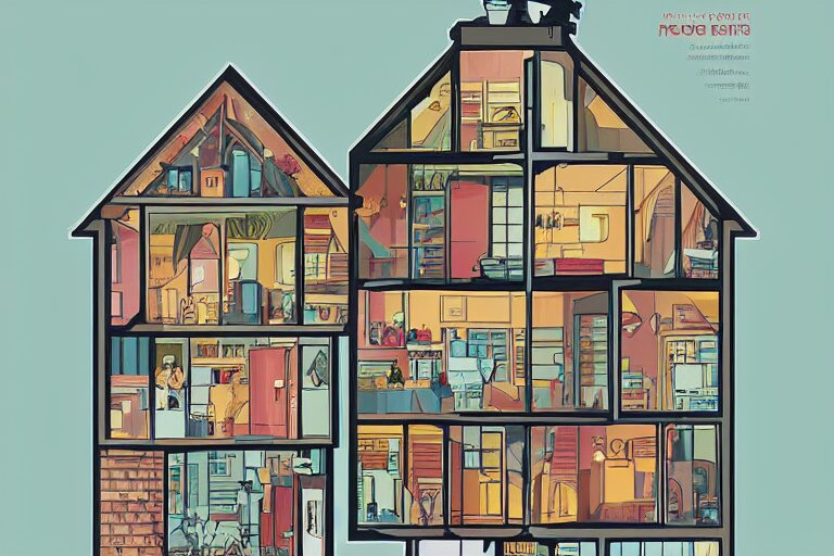 a beautiful flat 2 dimensional illustration of a cross section of a house, view from the side, a storybook illustration by muti, colorful, minimalism, featured on dribble, unique architecture, behance hd, dynamic composition 